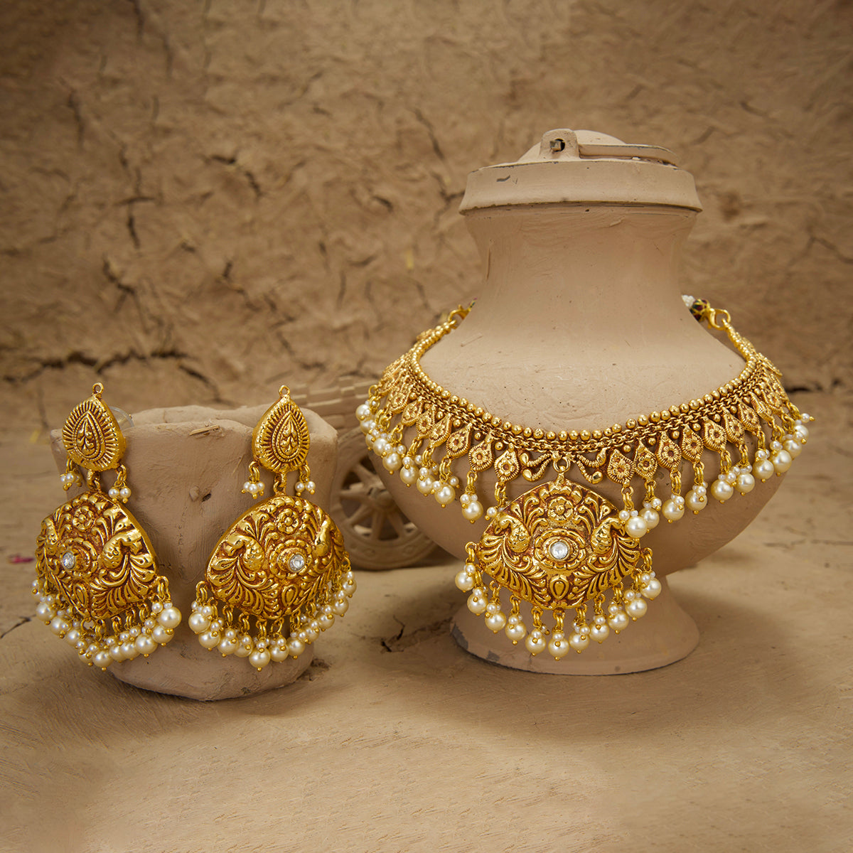 Yamira Necklace Earrings Tikka Handcrafted Gold Plated