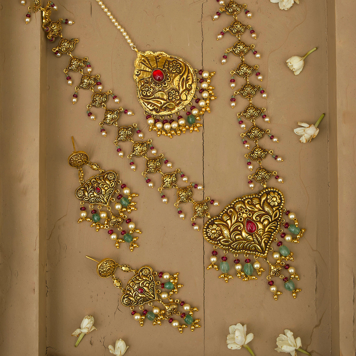 Rimi  Ranihaar Earrings Tika Set Handcrafted Gold Plated