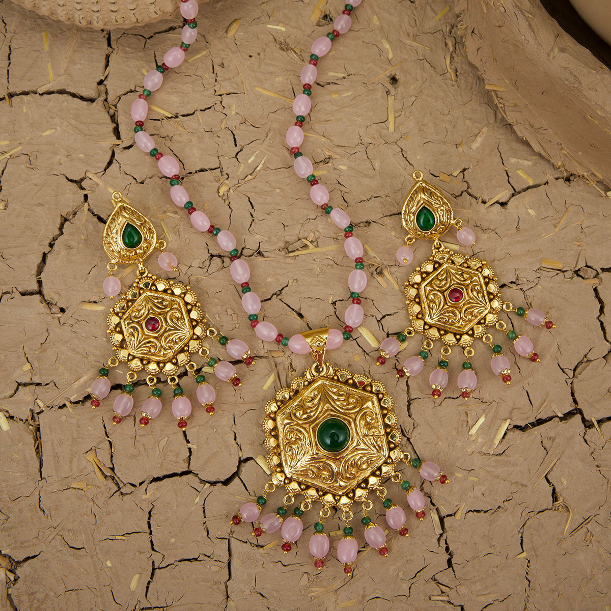 Tazeen Necklace Earrings Tikka Handcrafted Gold Plated