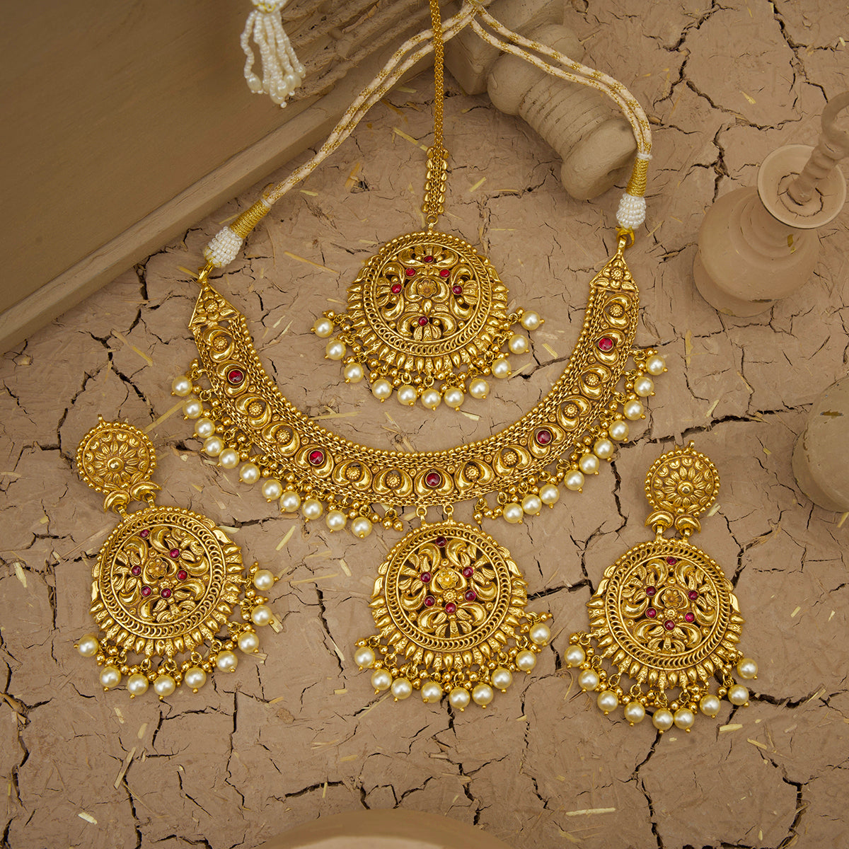 Reet Necklace Earrings Tikka Handcrafted Gold Plated