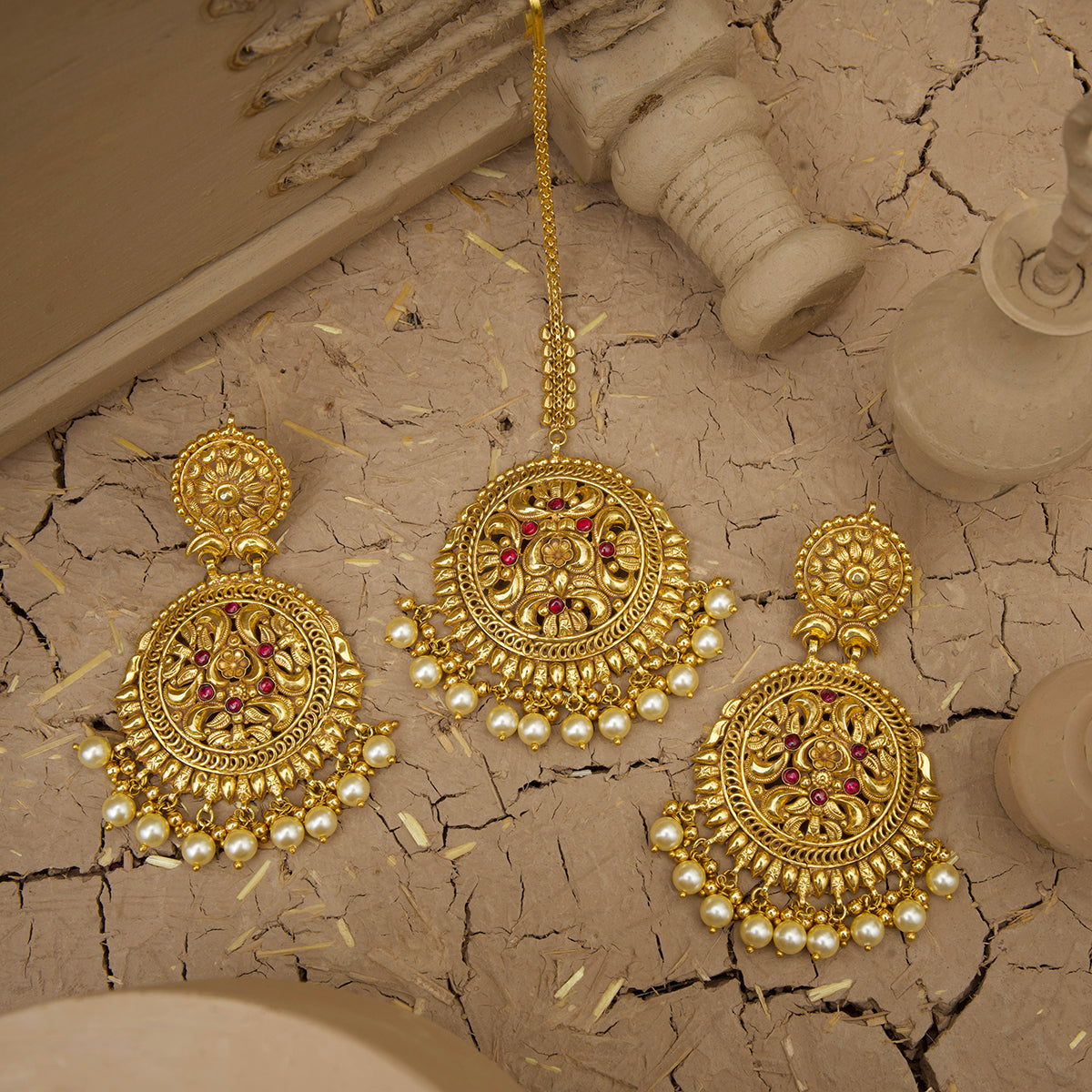 Reet Necklace Earrings Tikka Handcrafted Gold Plated