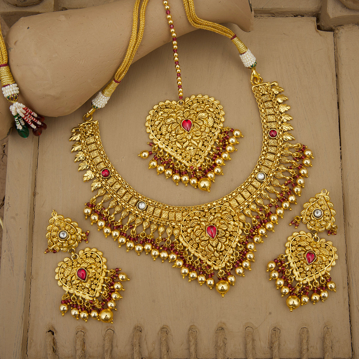 Rohani Necklace Earrings Tikka Handcrafted Gold Plated