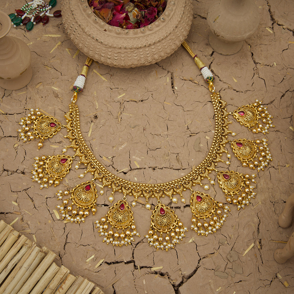 Ambra  Necklace Earrings Tikka Handcrafted Gold Plated