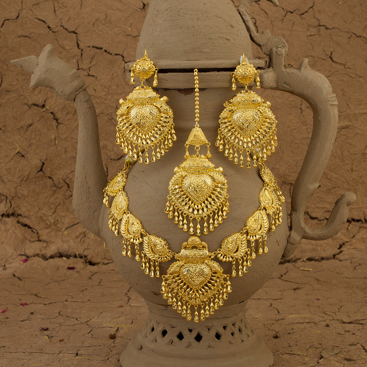 Manah Necklace Earrings Tikka Handcrafted Gold Plated
