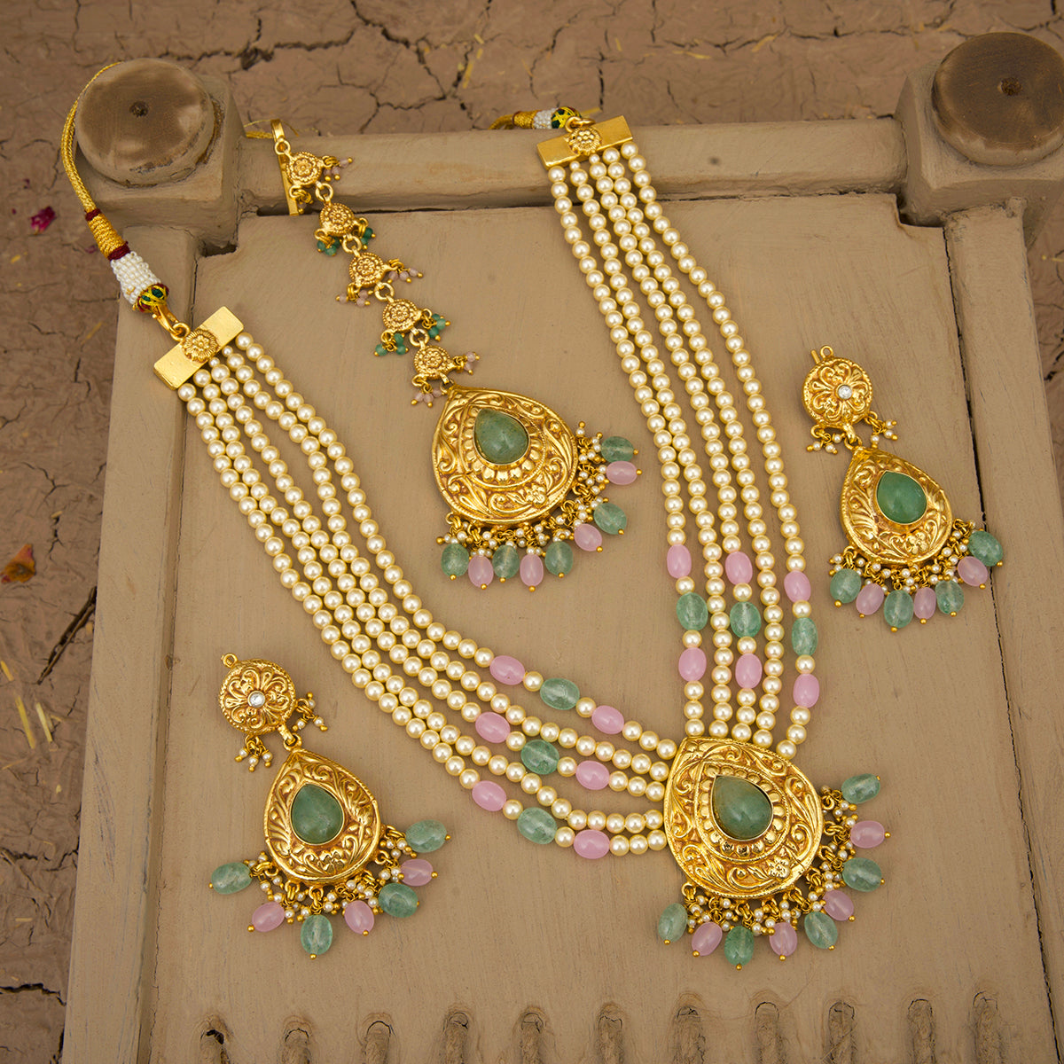 Seerat  Necklace Earrings Tikka Handcrafted Gold Plated