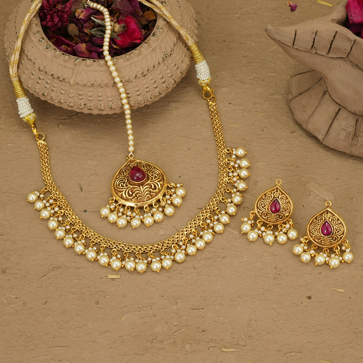 Shagun Necklace Earrings Tikka Handcrafted Gold Plated