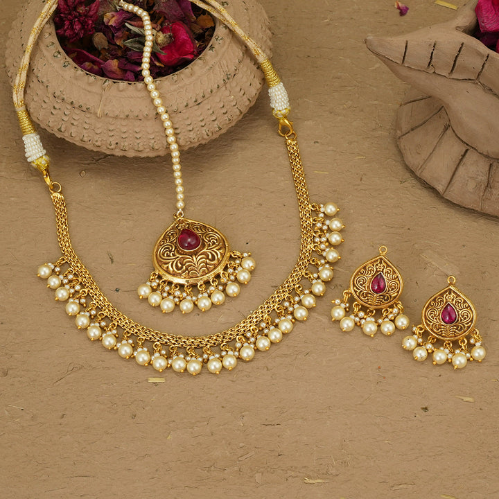 Shagun Necklace Earrings Tikka Handcrafted Gold Plated