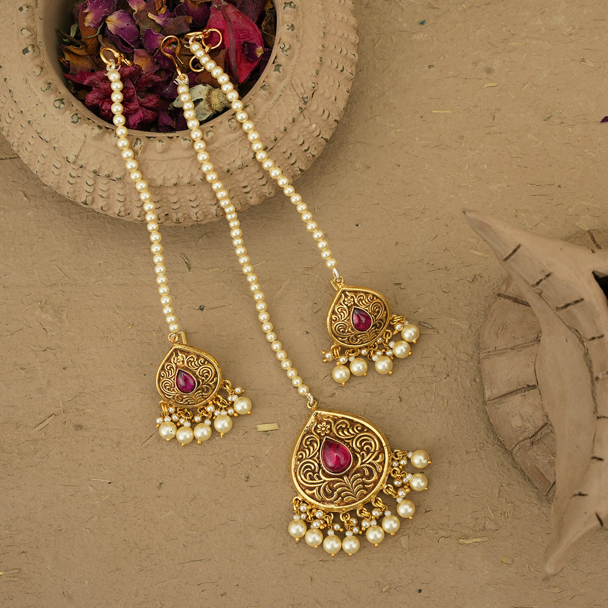 Shagun Necklace Earrings Tikka Handcrafted Gold Plated
