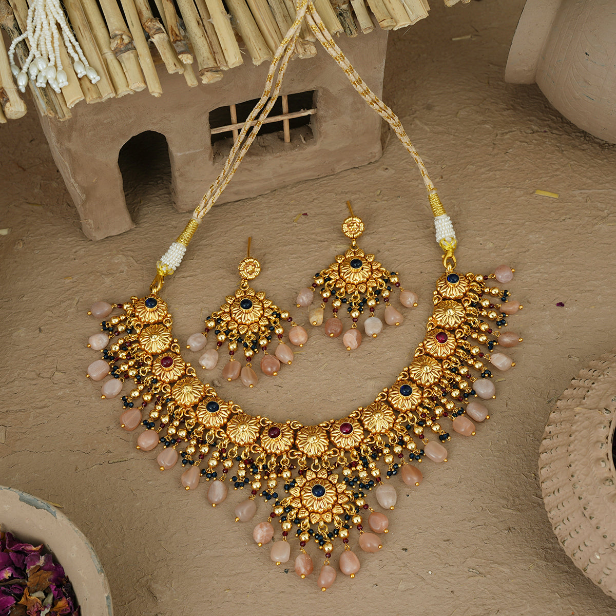 Guneet Necklace Earrings Tikka Handcrafted Gold Plated