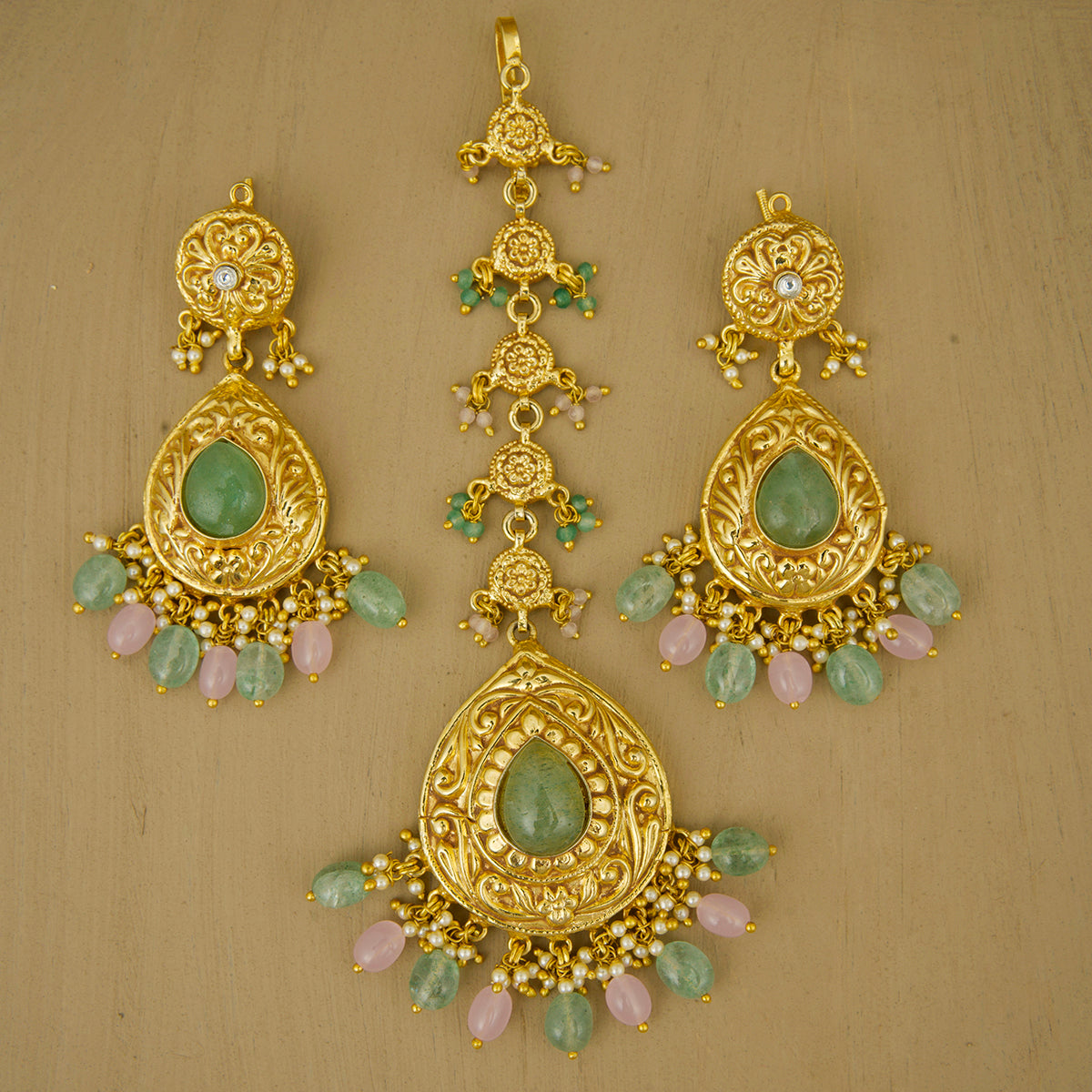 Seerat  Necklace Earrings Tikka Handcrafted Gold Plated