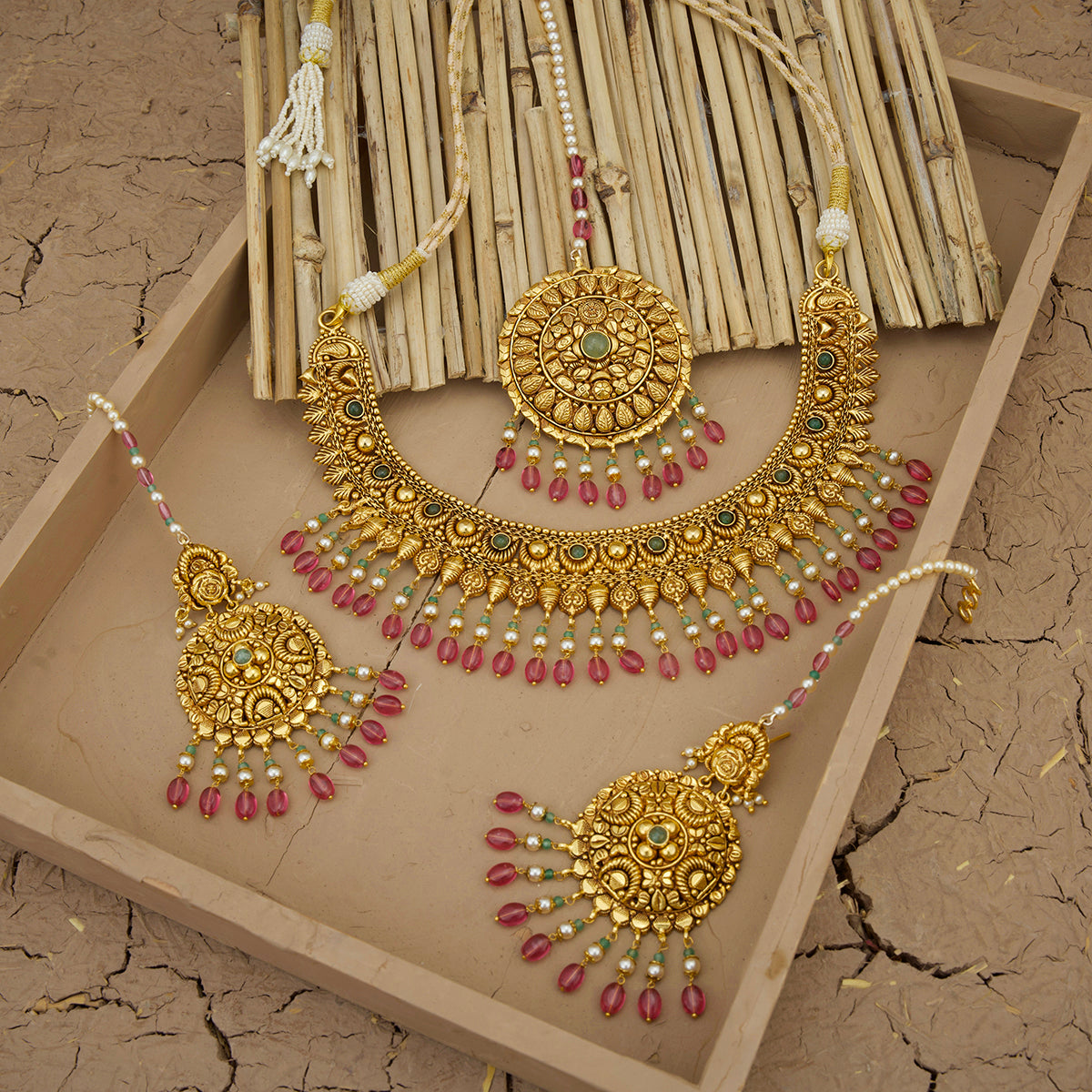 Zarina Necklace Earrings Tikka Handcrafted Gold Plated