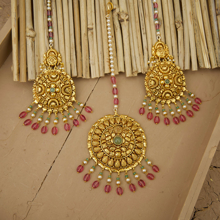 Zarina Necklace Earrings Tikka Handcrafted Gold Plated