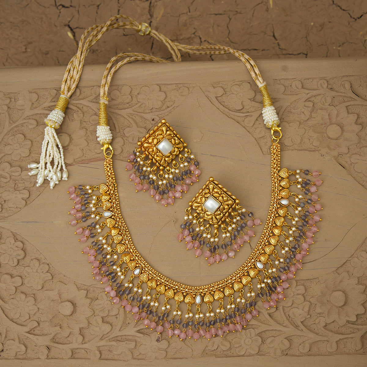 Yami  Necklace Earrings Tikka Handcrafted Gold Plated