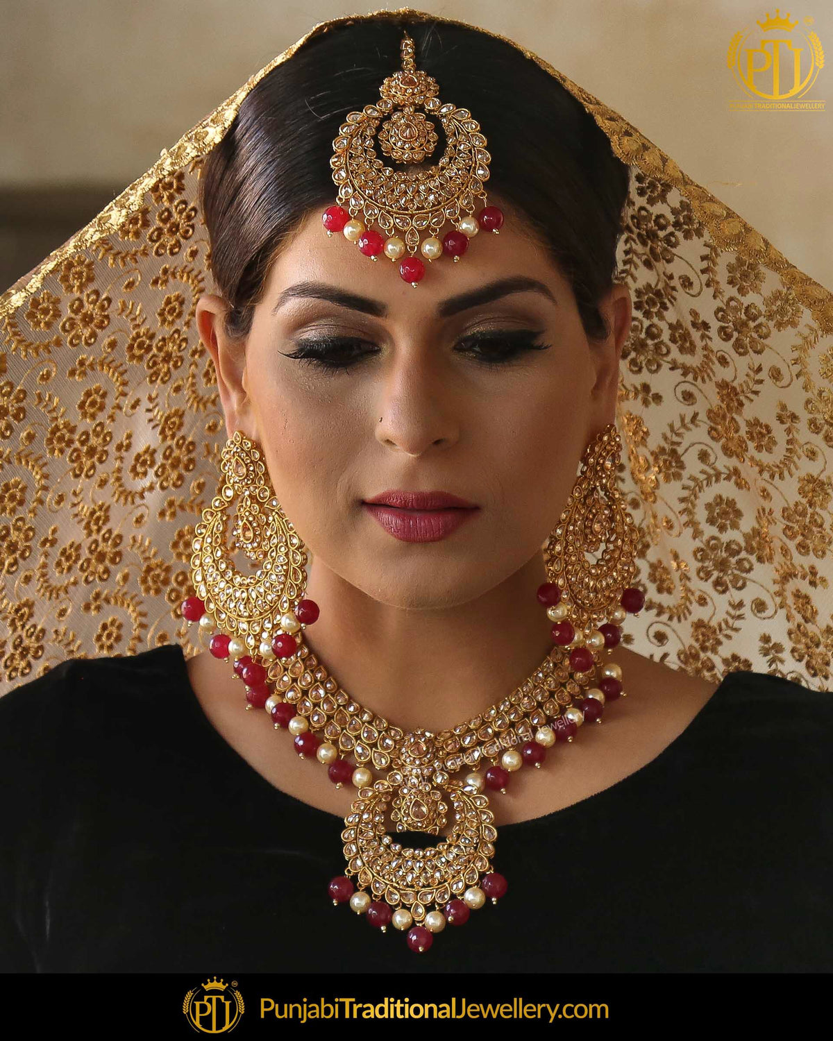 Pratigya Rubby Pearl Champagne Stone Necklace Set | Punjabi Traditional Jewellery Exclusive