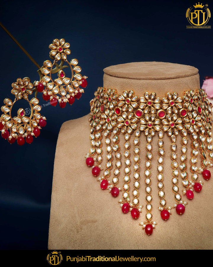 Red Kundan & Pearl Choker Necklace Set By Punjabi Traditional Jewellery
