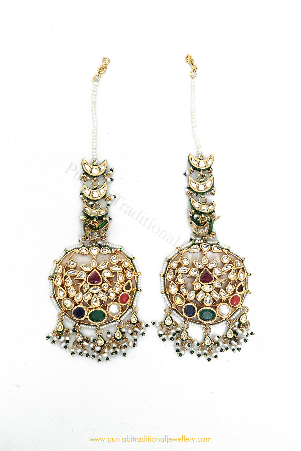 Gold Finished Semi Precious Navratan Kundan Earrings by PTJ