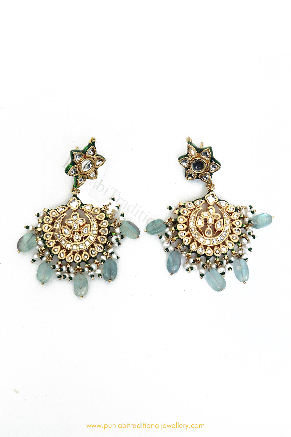 Gold Finished Semi Precious Mint Kundan Earrings by PTJ