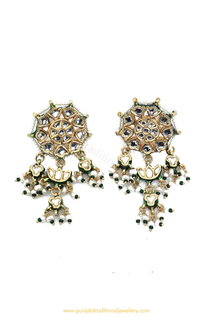 Gold Finished Semi Precious Pearl Kundan Earrings by PTJ
