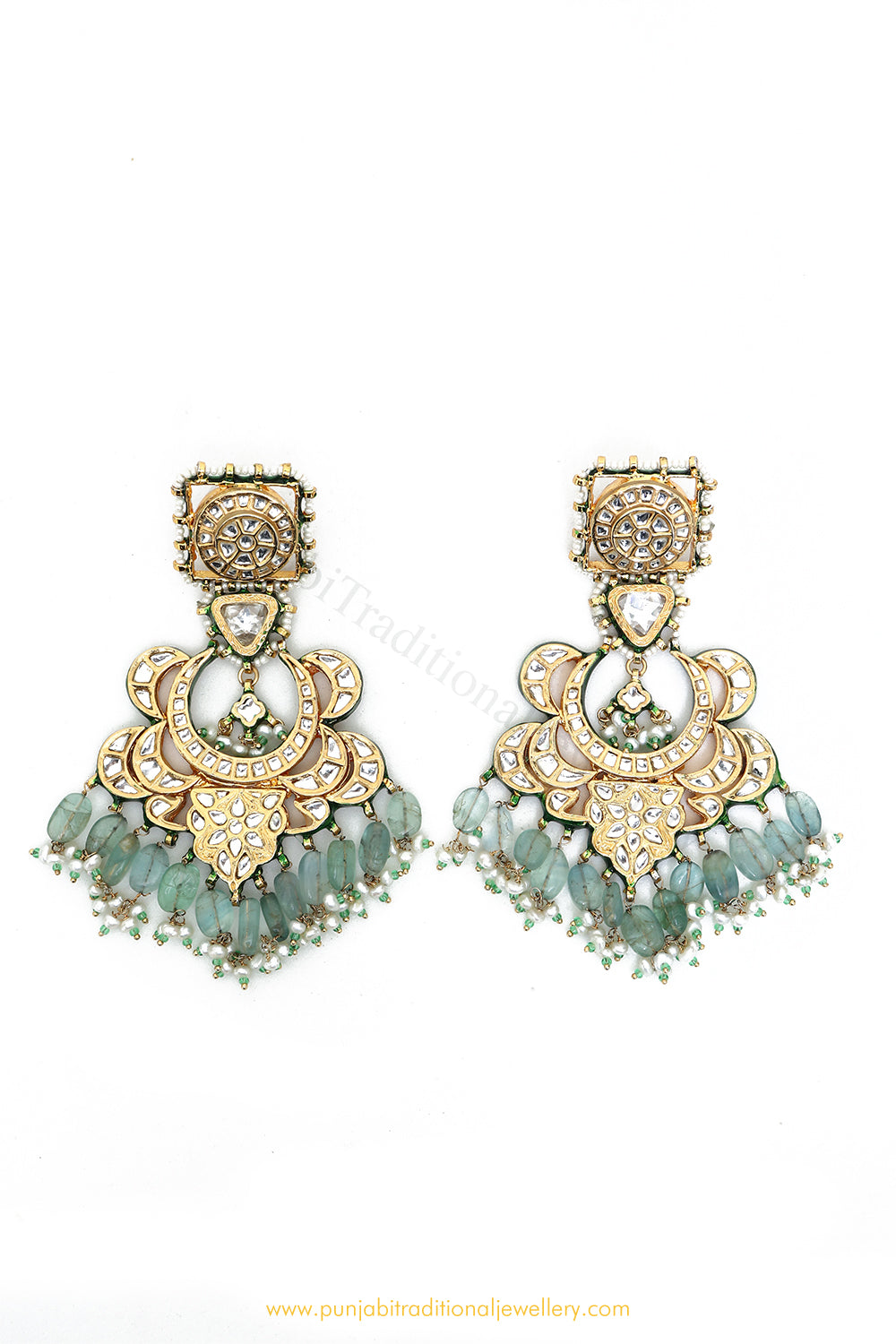 Gold Finished Semi Precious Mint Kundan Earrings by PTJ
