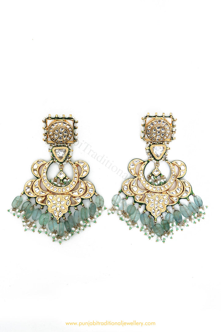 Gold Finished Semi Precious Mint Kundan Earrings by PTJ