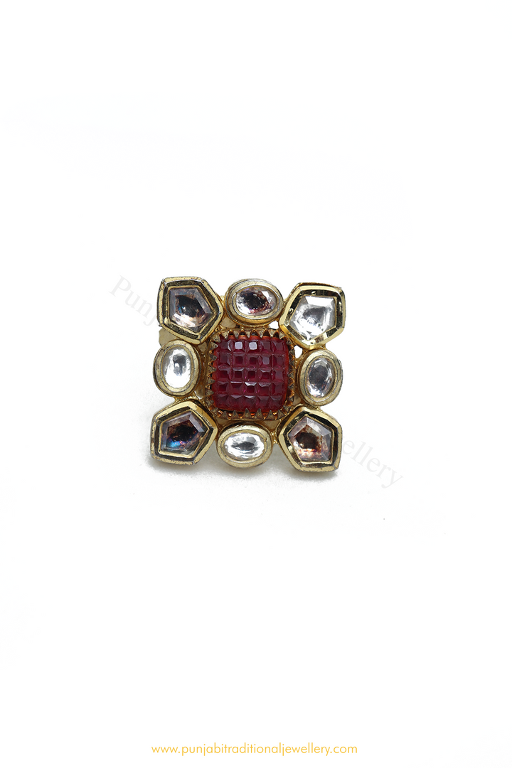 Gold Finished Rubby Kundan Ring By PTJ