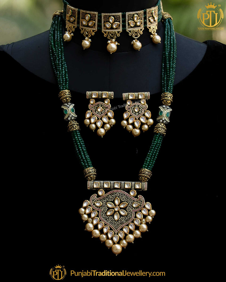 Antique Gold Finished Green Kundan Mugal Mala & Choker Necklace Set | Punjabi Traditional Jewellery Exclusive