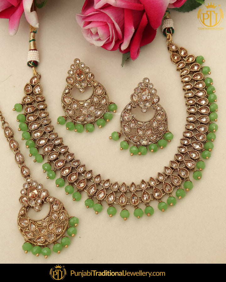 Gold Finished Champagne Stone Emerald Pearl Necklace Set | Punjabi Traditional Jewellery Exclusive