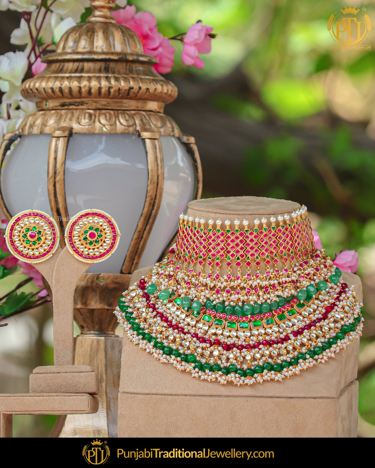 Gold Finished Rubby Green Kundan Choker Necklace Set | Punjabi Traditional Jewellery Exclusive