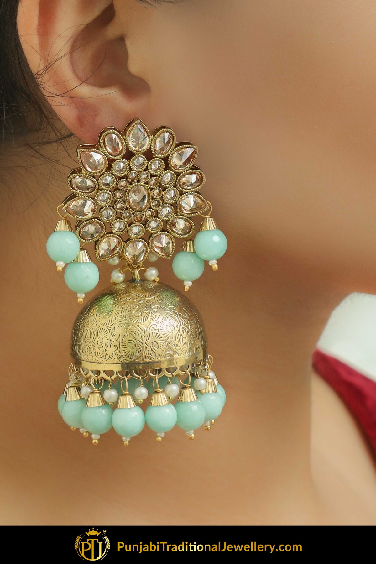 Gold Finished Firozi Choker Necklace Set, Jhumki Earring & Tikka | Punjabi Traditional Jewellery Exclusive
