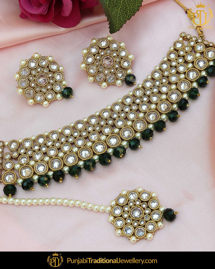 Gold Finished Green Polki Stone Choker Necklace Set | Punjabi Traditional Jewellery Exclusive