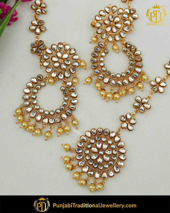 Gold Finished Golden Pearl Kundan Sahare Earrings & Tikka Set | Punjabi Traditional Jewellery Exclusive