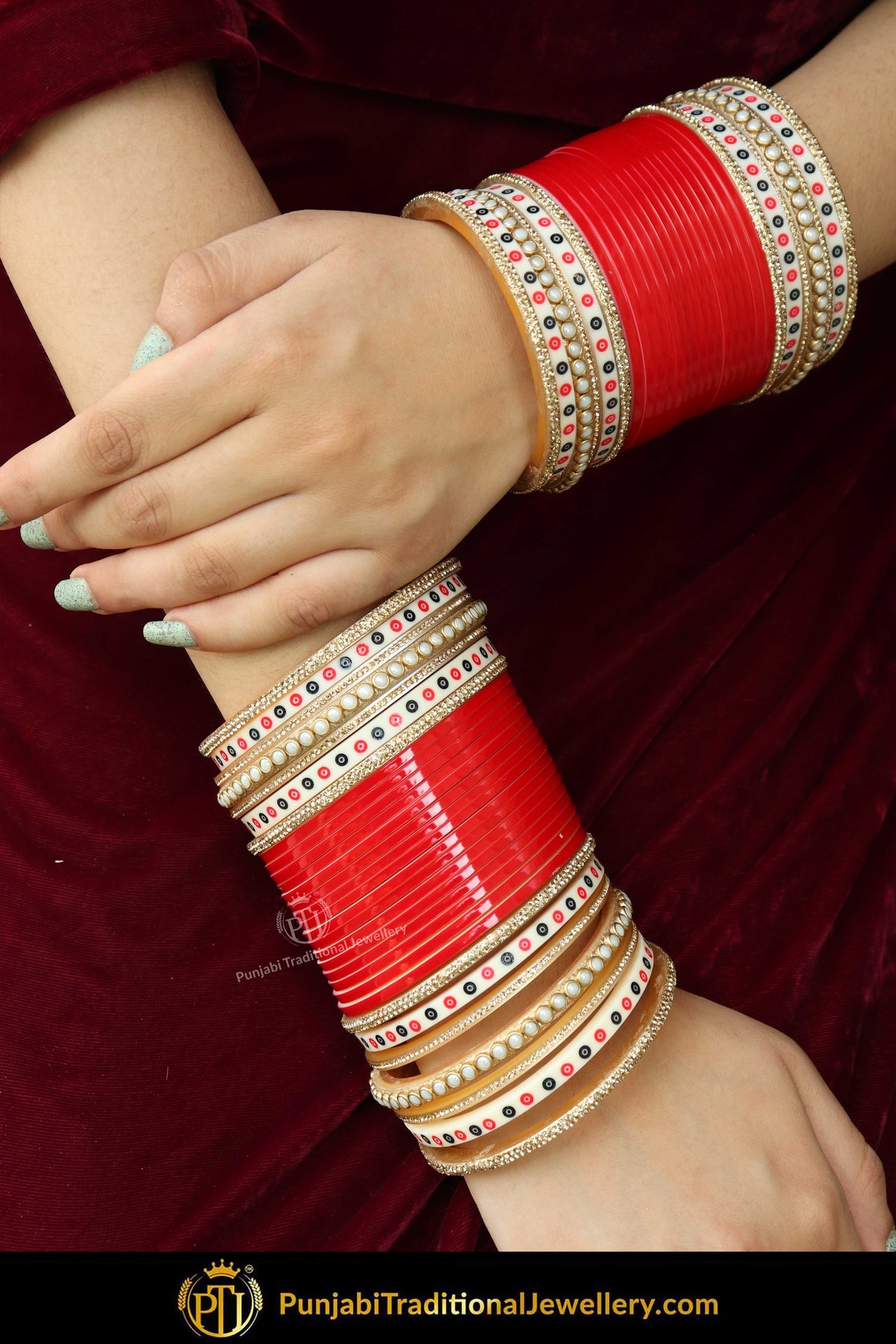 Gold Finished Pearl Pippal Patti Bridal Kalira & Red Bridal Chura | Punjabi Traditional Jewellery Exclusive