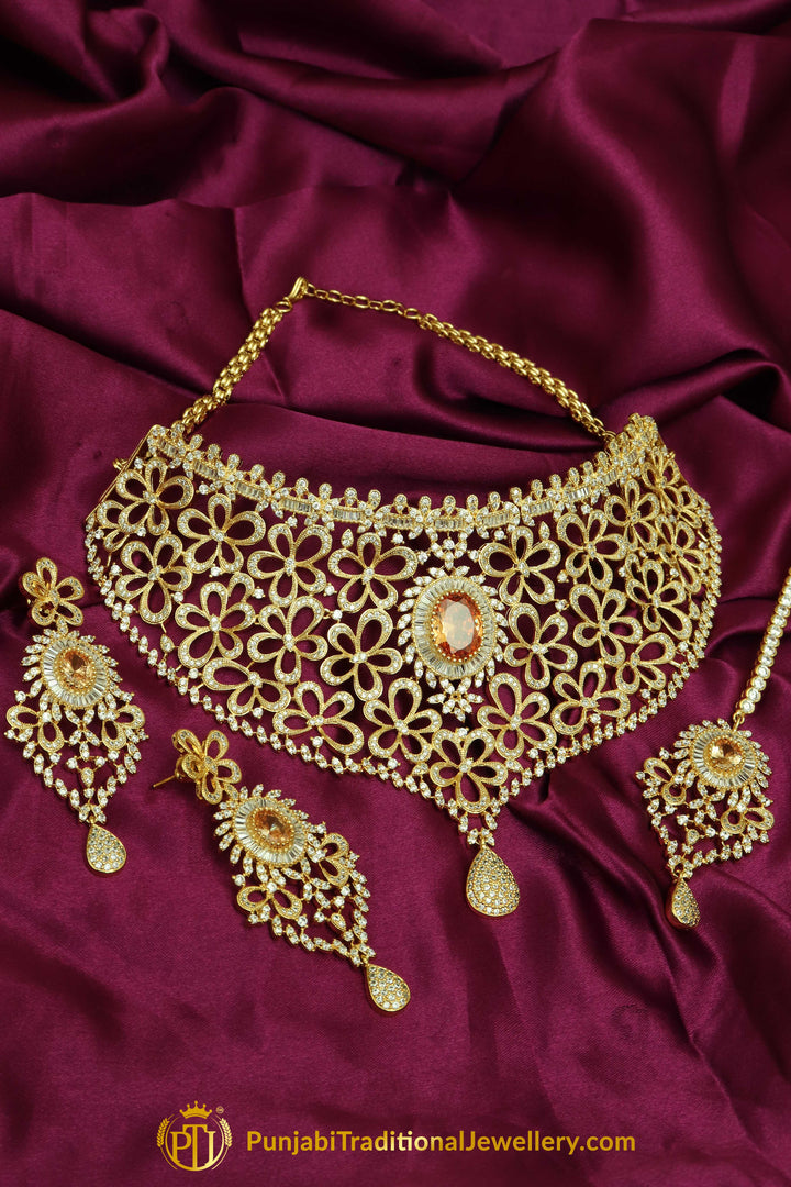 Gold Finished Pearl American diamond Choker Set, Tikka & Earrings | Punjabi Traditional Jewellery Exclusive