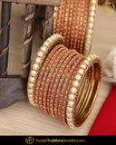 Antique Gold Finished Red Pearl Bangles Set (Both Hand Pair) | Punjabi Traditional Jewellery Exclusive