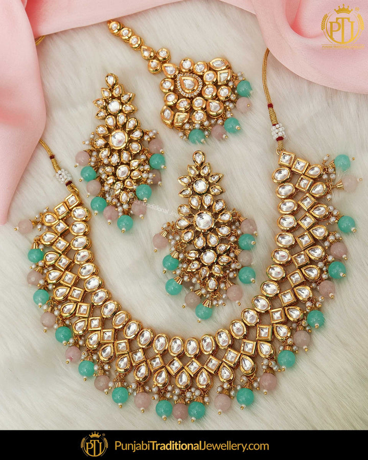 Gold Finished Pink & Firozi Kundan Necklace Set | Punjabi Traditional Jewellery Exclusive