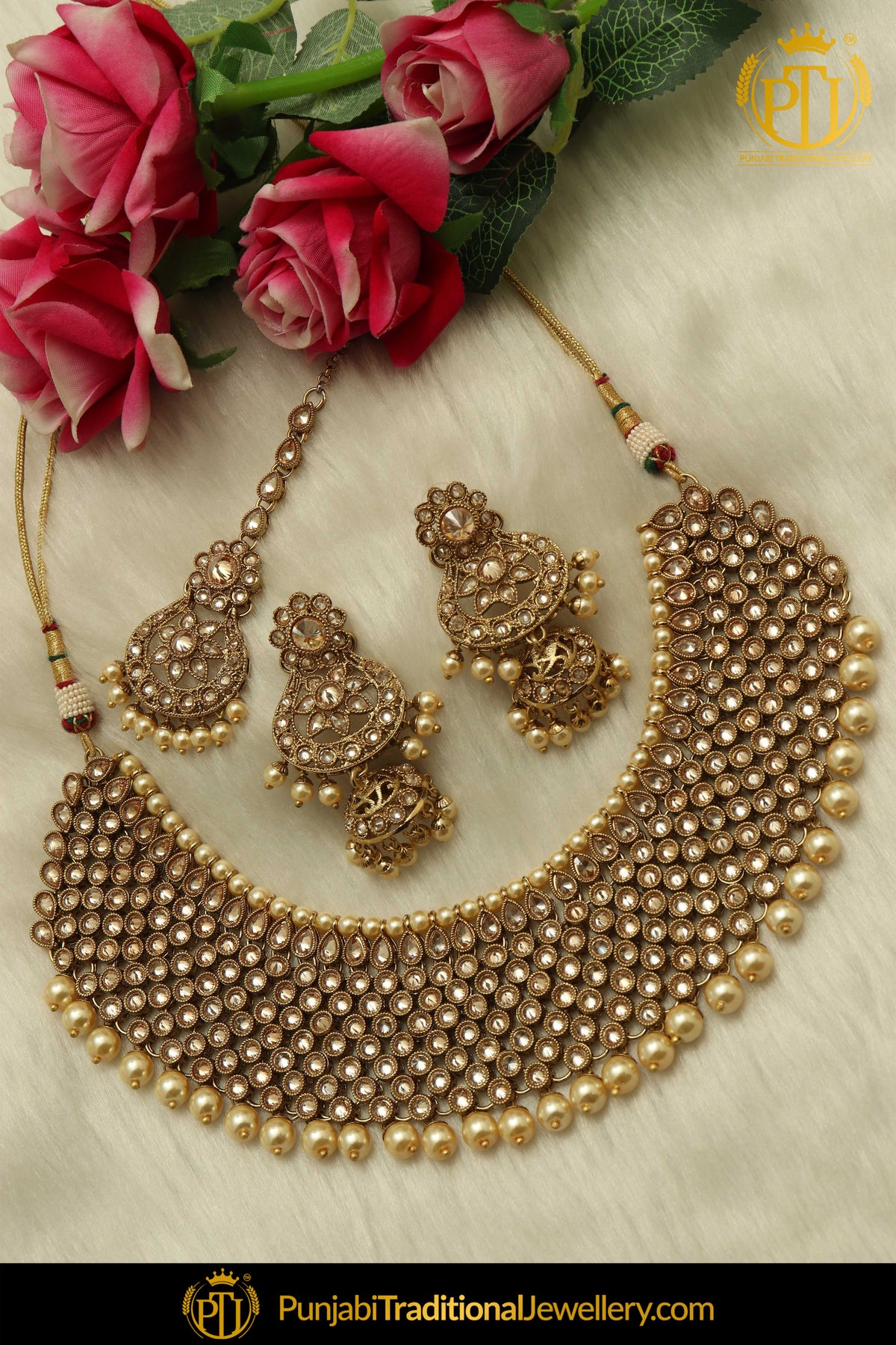 Gold Finished Pearl Champagne Stone Necklace Set By Punjabi Taditional Jewellery