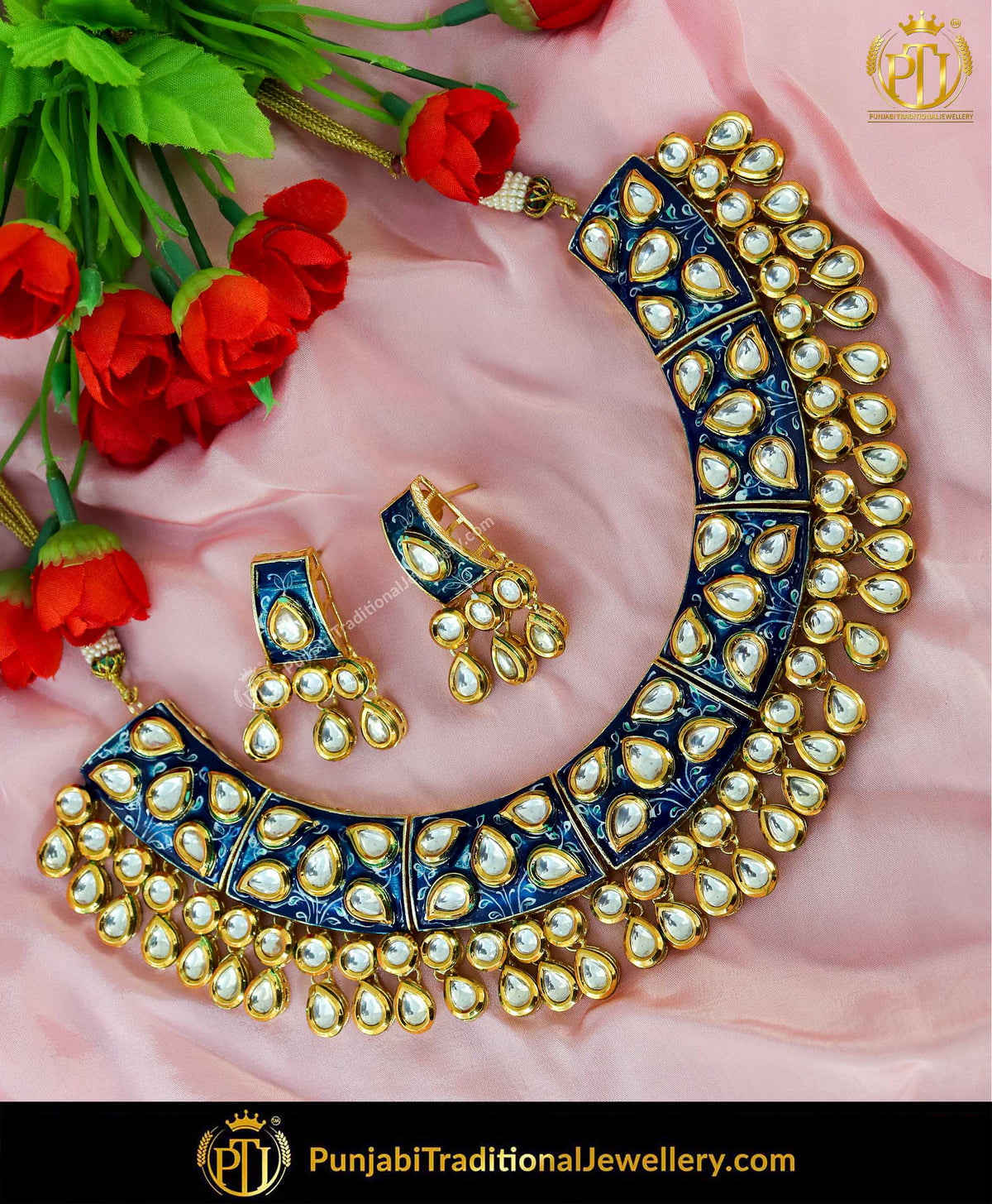 Hand Painted Menna Pearl Blue Kundan Necklace Set | Punjabi Traditional Jewellery Exclusive