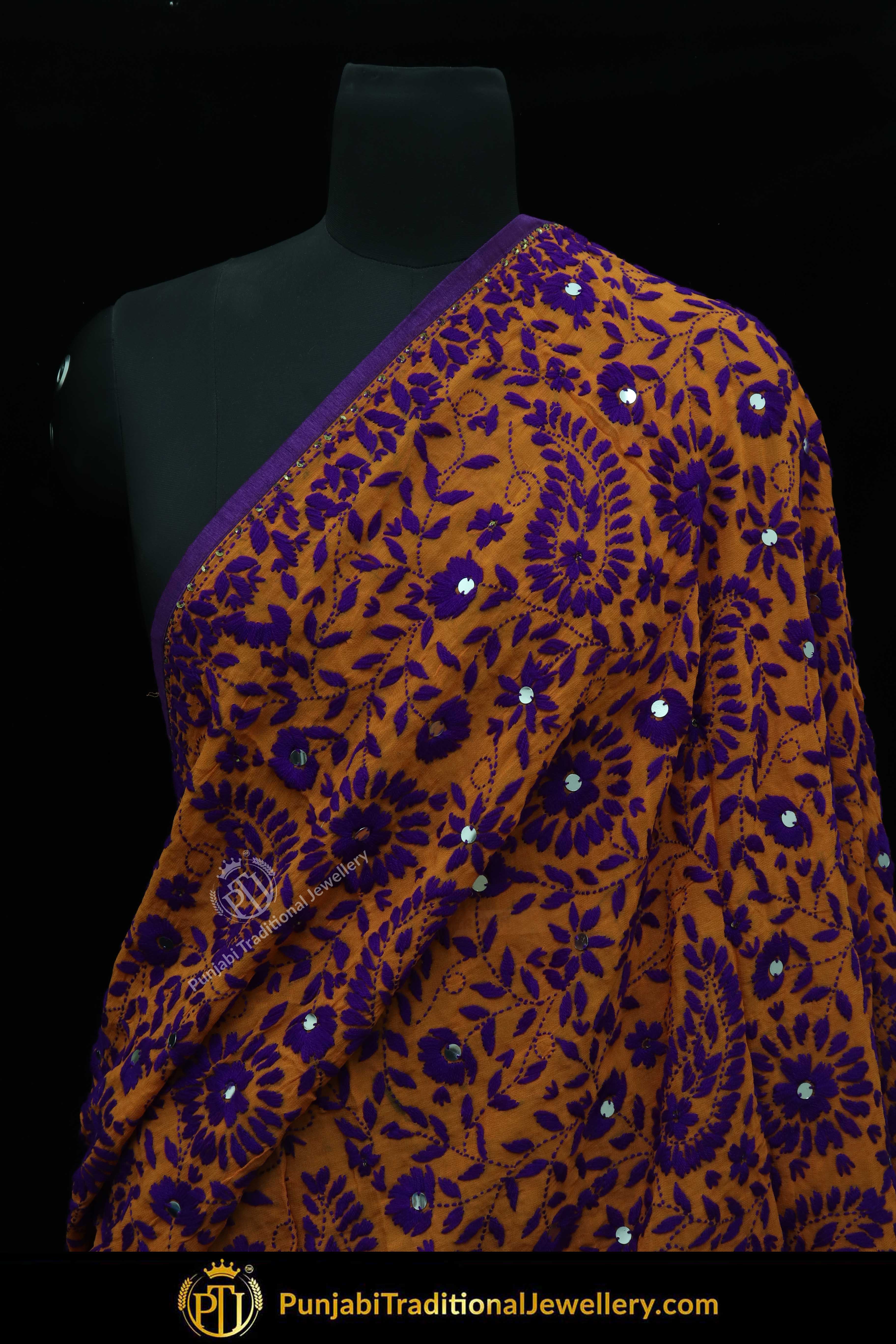 Purple & Brown Color Pure Phulkari Dupatta By Punjabi Traditional Jewellery