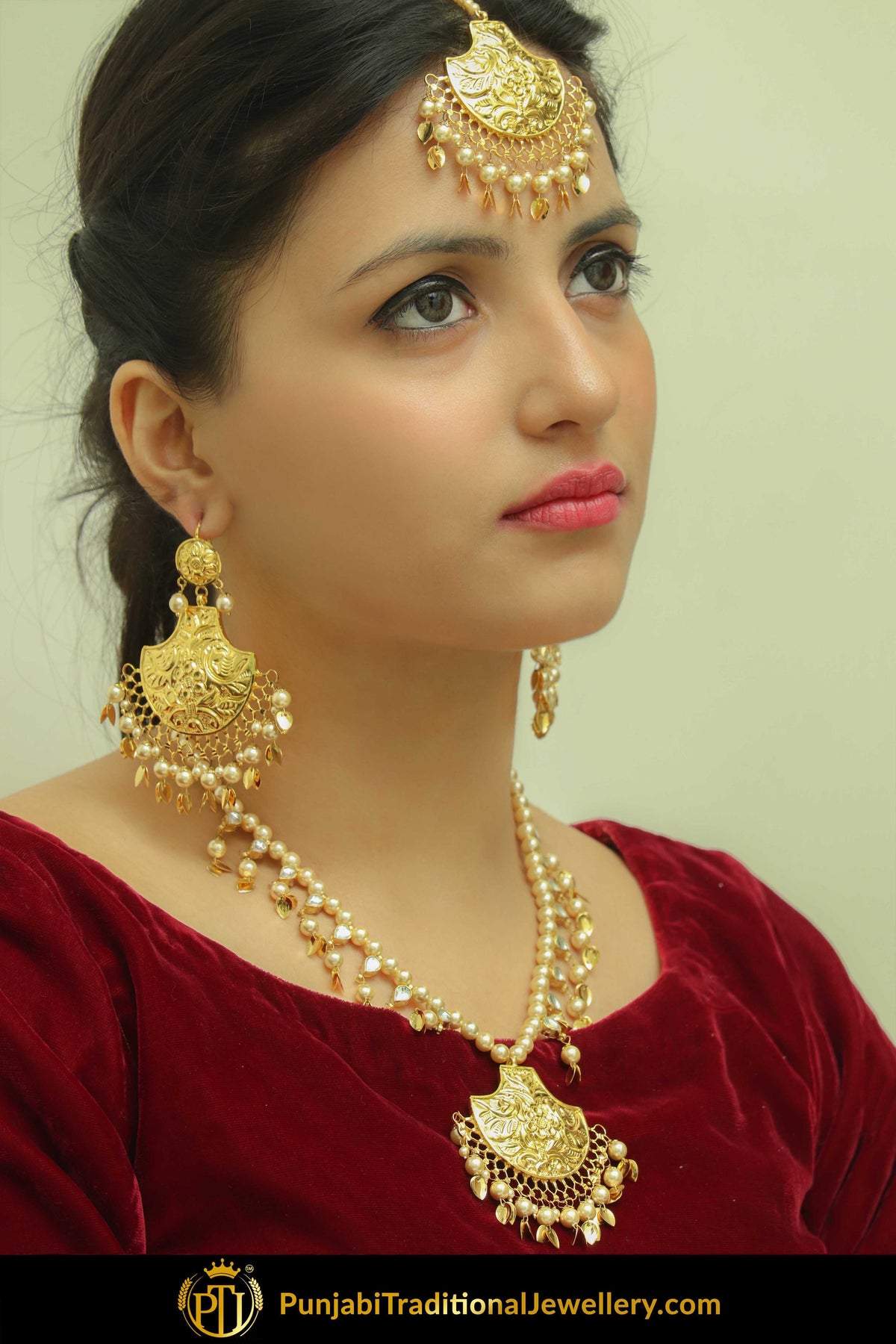 Haziqah Gold Finished Pearl Pippal Patti Necklace, Tikka & Earrings | Punjabi Traditional Jewellery Exclusive