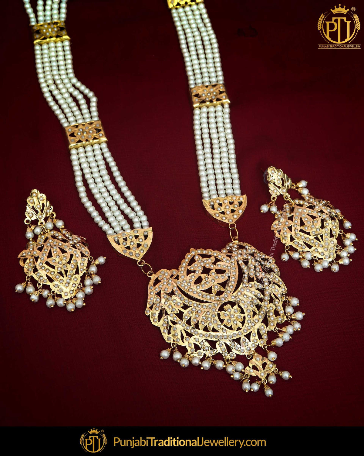 Gold Finished Pearl Jadau Necklace Set | Punjabi Traditional Jewellery Exclusive