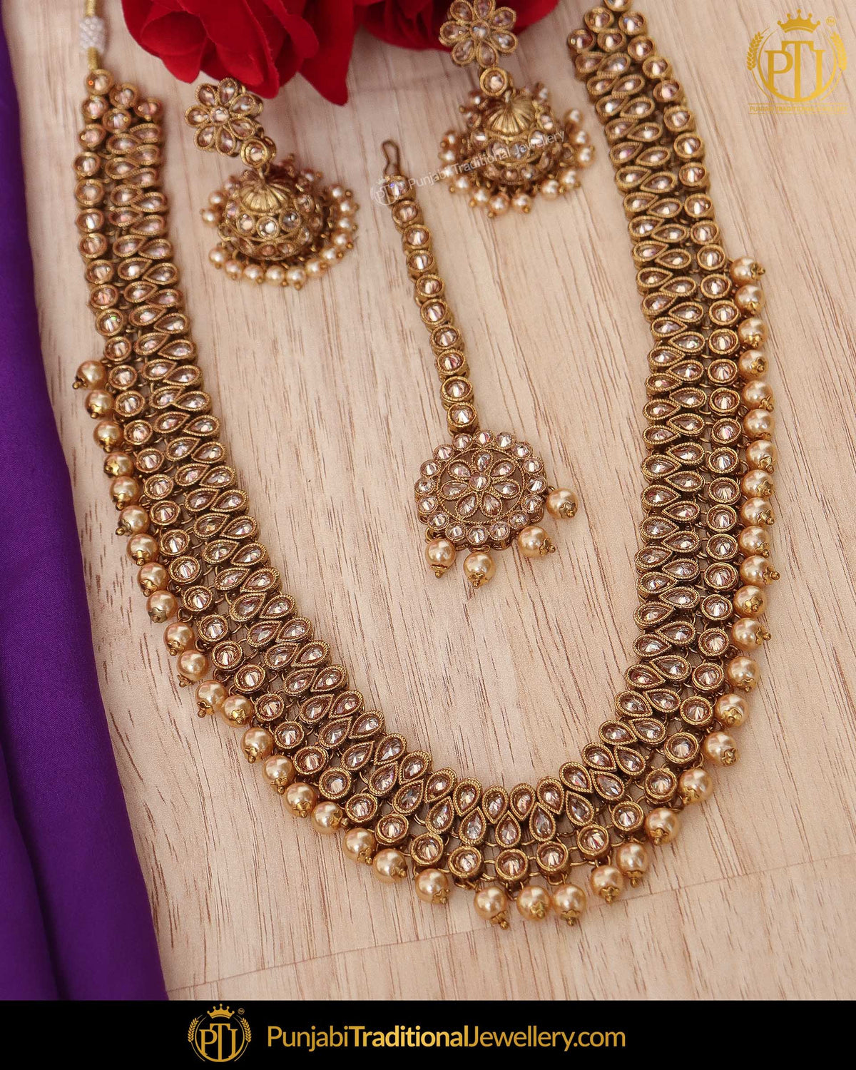 Gold Finished Chamapgne Stone Pearl Necklace Set | Punjabi Traditional Jewellery Exclusive