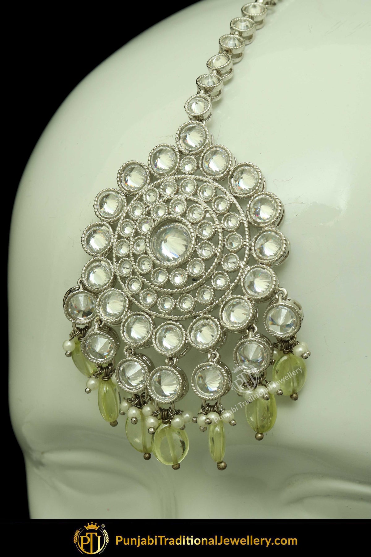 Silver Finished Polki Stone Pista Green Drops Earrings & Tikka Set By Punjabi Traditional Jewellery