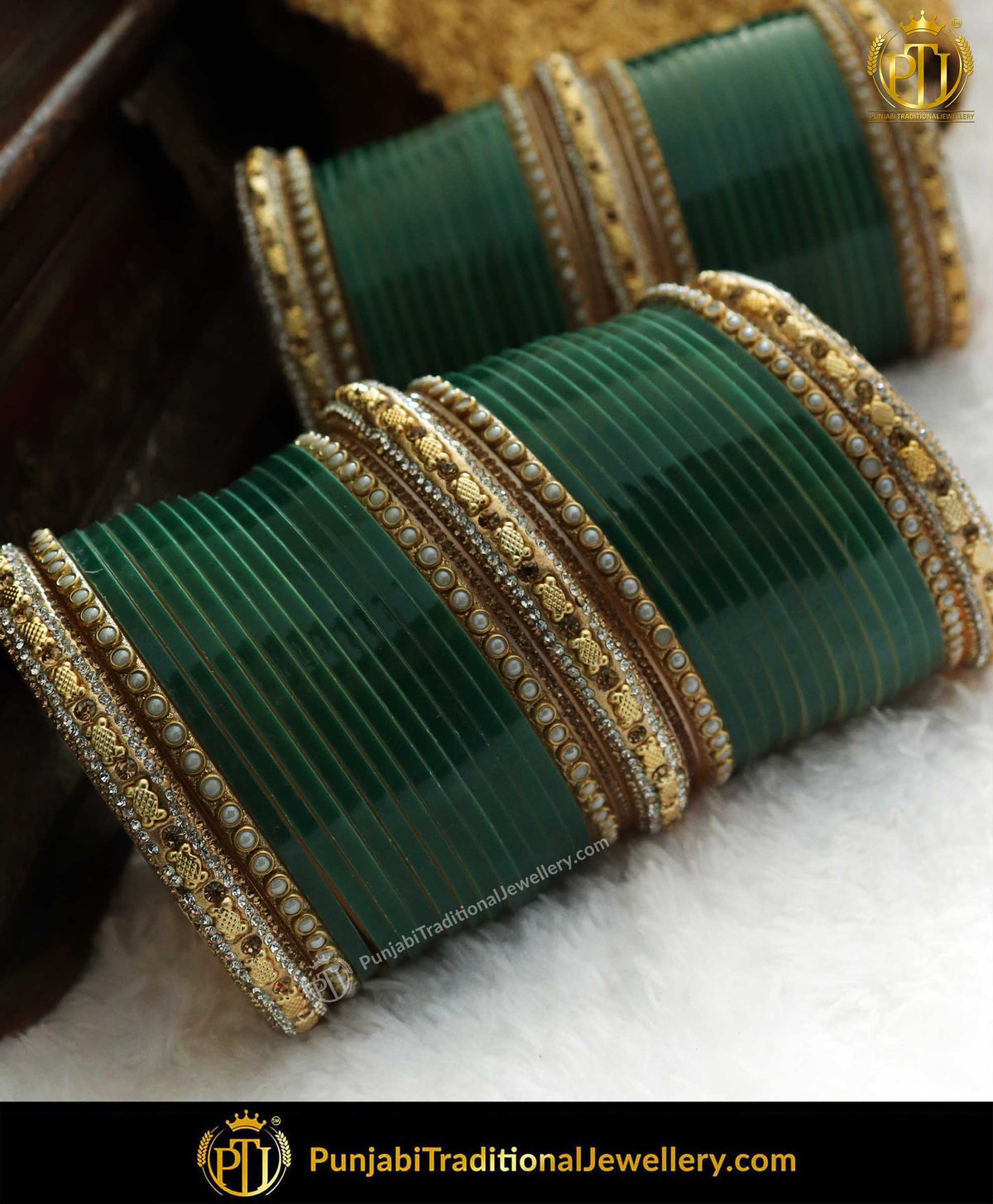 Green Antique Gold Jerkan Bangle Pearl Bridal Chura | Punjabi Traditional Jewellery Exclusive