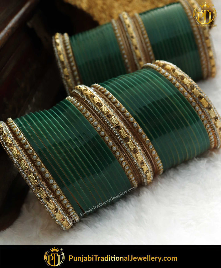 Green Antique Gold Jerkan Bangle Pearl Bridal Chura | Punjabi Traditional Jewellery Exclusive