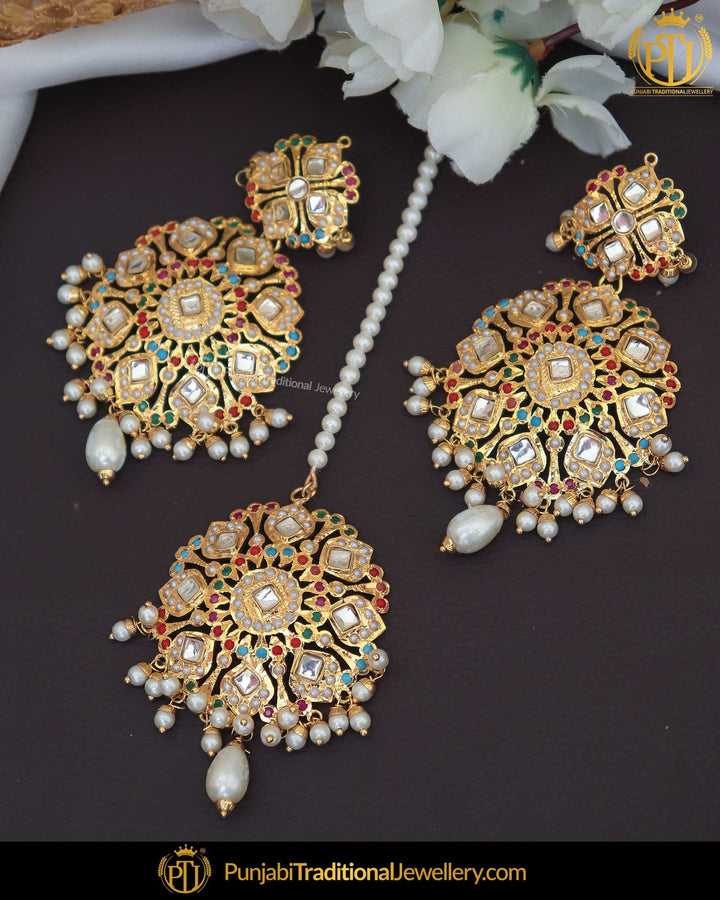 Gold Finished Jadau Kudnan Multi Earring Tikka Set | Punjabi Traditional Jewellery Exclusive