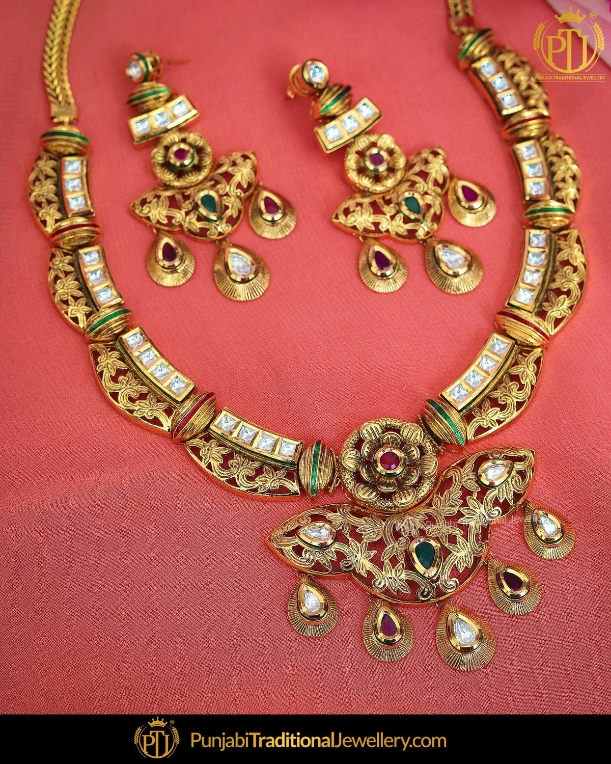 Gold Finished Rubby Emerald Kundan Mugal Necklace Set | Punjabi Traditional Jewellery Exclusive
