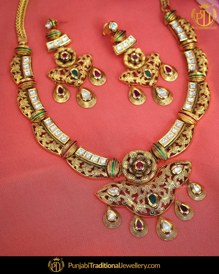Gold Finished Rubby Emerald Kundan Mugal Necklace Set | Punjabi Traditional Jewellery Exclusive
