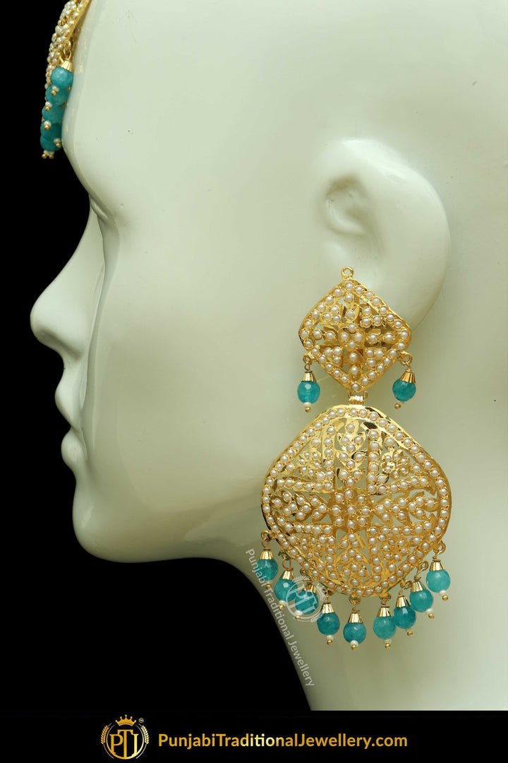 Gold Finished Firozi Jadau Pearl Earring Tikka Set | Punjabi Traditional Jewellery Exclusive