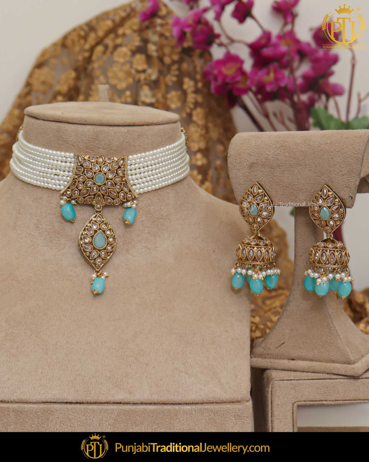 Gold Finished Champagne Stone Firozi Pearl Necklace Set | Punjabi Traditional Jewellery Exclusive