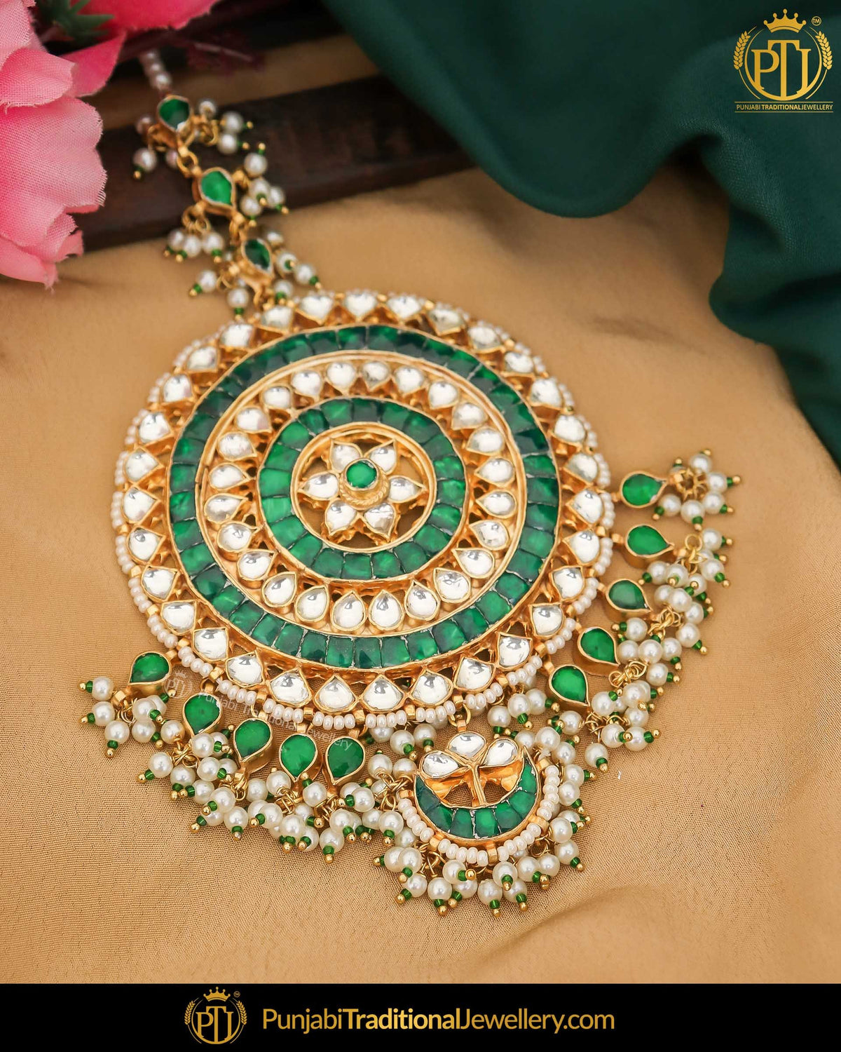 Gold Finished Kundan Green Pearl Tikka | Punjabi Traditional Jewellery Exclusive